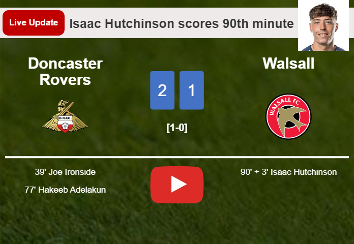 LIVE UPDATES. Walsall getting closer to Doncaster Rovers with a goal from Isaac Hutchinson in the 90th minute and the result is 1-2