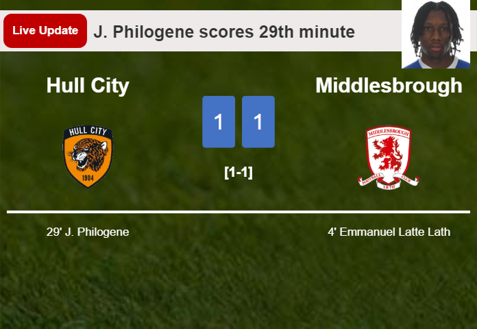 LIVE UPDATES. Hull City draws Middlesbrough with a goal from J. Philogene in the 29th minute and the result is 1-1