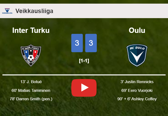 Inter Turku and Oulu draws a frantic match 3-3 on Friday. HIGHLIGHTS