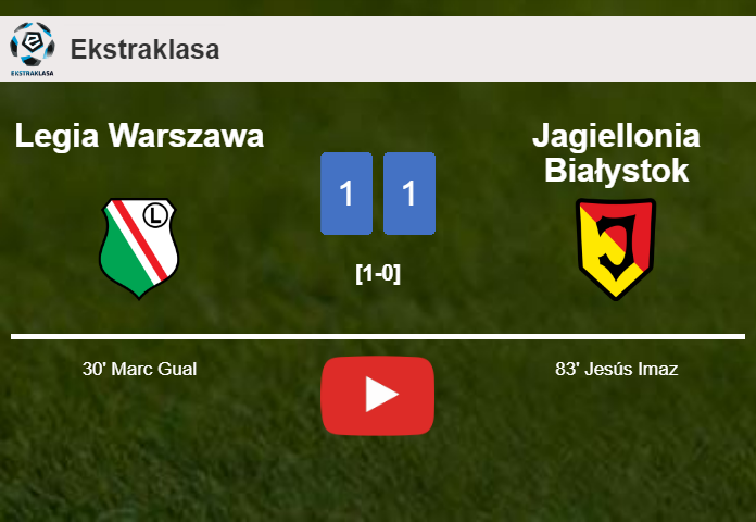 Legia Warszawa and Jagiellonia Białystok draw 1-1 on Sunday. HIGHLIGHTS