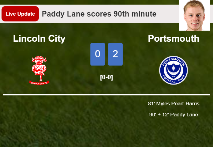 LIVE UPDATES. Portsmouth scores again over Lincoln City with a goal from Paddy Lane in the 90th minute and the result is 2-0