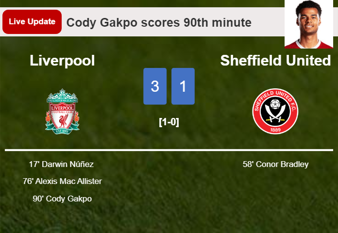 LIVE UPDATES. Liverpool scores again over Sheffield United with a goal from Cody  Gakpo in the 90th minute and the result is 3-1