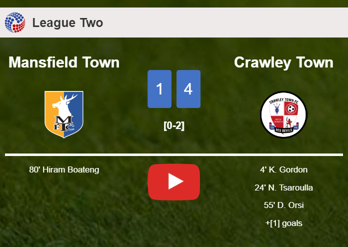 Crawley Town defeats Mansfield Town 4-1. HIGHLIGHTS