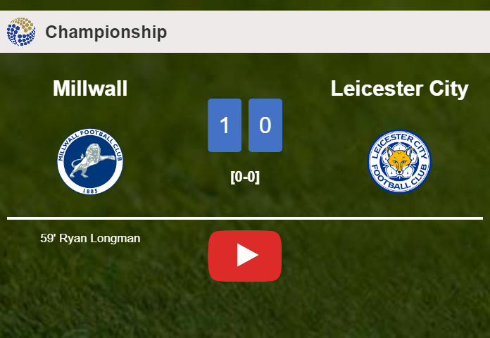 Millwall defeats Leicester City 1-0 with a goal scored by R. Longman. HIGHLIGHTS