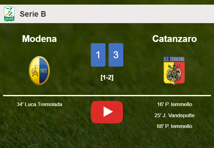 Catanzaro defeats Modena 3-1 with 2 goals from P. Iemmello. HIGHLIGHTS
