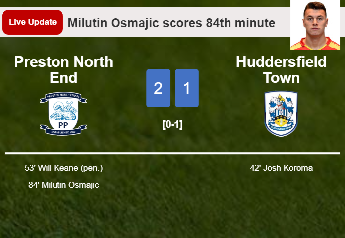 LIVE UPDATES. Preston North End takes the lead over Huddersfield Town with a goal from Milutin Osmajic in the 84th minute and the result is 2-1
