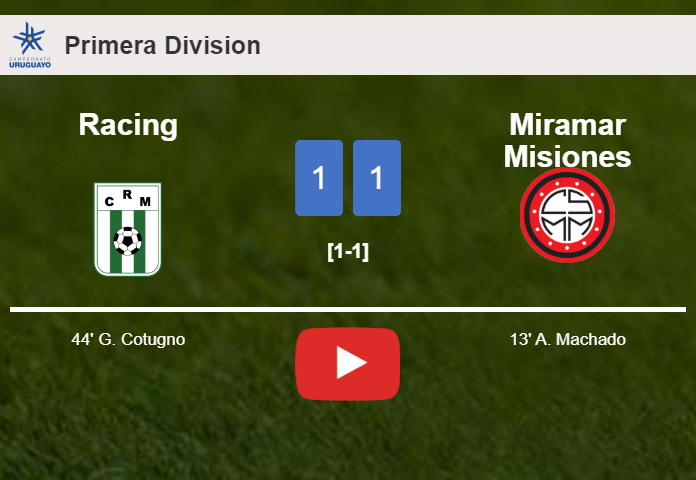 Racing and Miramar Misiones draw 1-1 on Saturday. HIGHLIGHTS