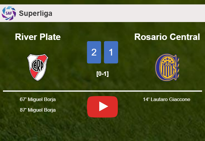 River Plate recovers a 0-1 deficit to conquer Rosario Central 2-1 with M. Borja scoring 2 goals. HIGHLIGHTS