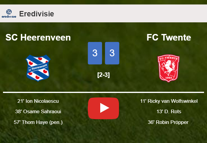 SC Heerenveen and FC Twente draws a hectic match 3-3 on Wednesday. HIGHLIGHTS