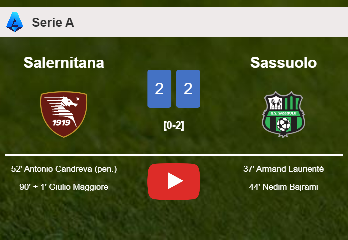 Salernitana manages to draw 2-2 with Sassuolo after recovering a 0-2 deficit. HIGHLIGHTS
