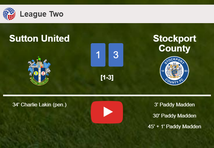 Stockport County tops Sutton United 3-1 with 3 goals from P. Madden. HIGHLIGHTS