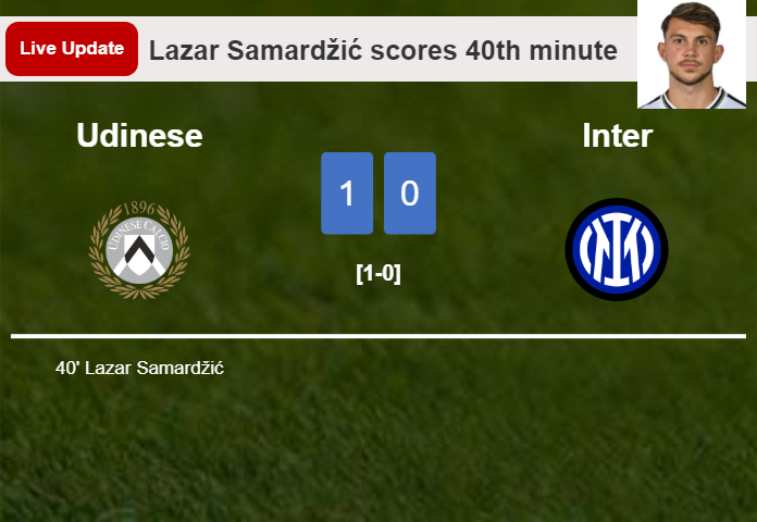 LIVE UPDATES. Udinese leads Inter 1-0 after Lazar Samardžić scored in the 40th minute