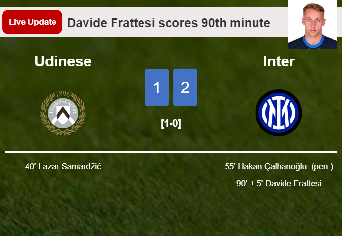 LIVE UPDATES. Inter takes the lead over Udinese with a goal from Davide Frattesi in the 90th minute and the result is 2-1