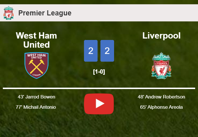 West Ham United and Liverpool draw 2-2 on Saturday. HIGHLIGHTS