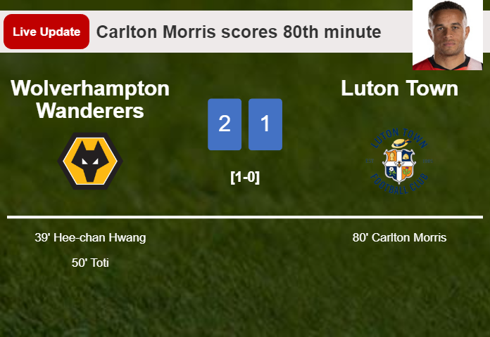LIVE UPDATES. Luton Town getting closer to Wolverhampton Wanderers with a goal from Carlton Morris in the 80th minute and the result is 1-2