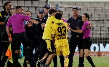 Stephanie Frappart Escorted Off The Pitch During The Greek Cup Final