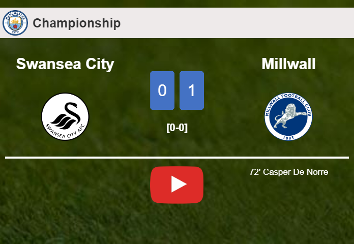 Millwall overcomes Swansea City 1-0 with a goal scored by C. De. HIGHLIGHTS
