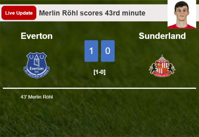 LIVE UPDATES. Everton leads Sunderland 1-0 after Merlin Röhl scored in the 43rd minute LIVE UPDATES. Everton leads Sunderland 1-0 after Merlin Röhl scored in the 43rd minute