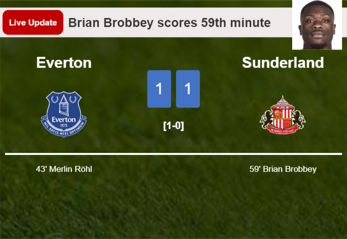 LIVE UPDATES. Sunderland draws Everton with a goal from Brian Brobbey in the 59th minute and the result is 1-1 LIVE UPDATES. Sunderland draws Everton with a goal from Brian Brobbey in the 59th minute and the result is 1-1