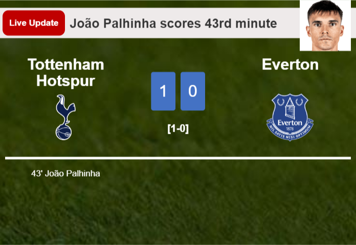 LIVE UPDATES. Tottenham Hotspur leads Everton 1-0 after João Palhinha scored in the 43rd minute LIVE UPDATES. Tottenham Hotspur leads Everton 1-0 after João Palhinha scored in the 43rd minute